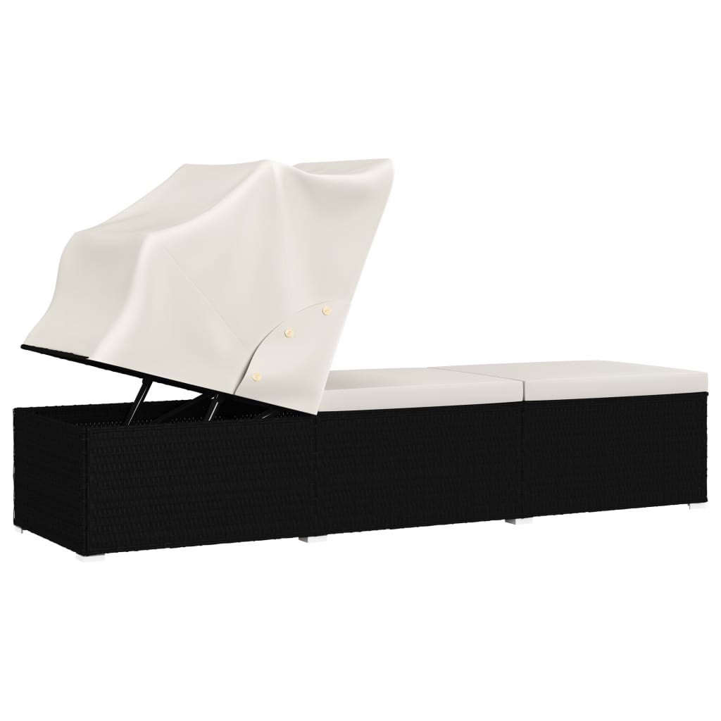 Sun lounger with canopy and cushion in cream white PE wicker