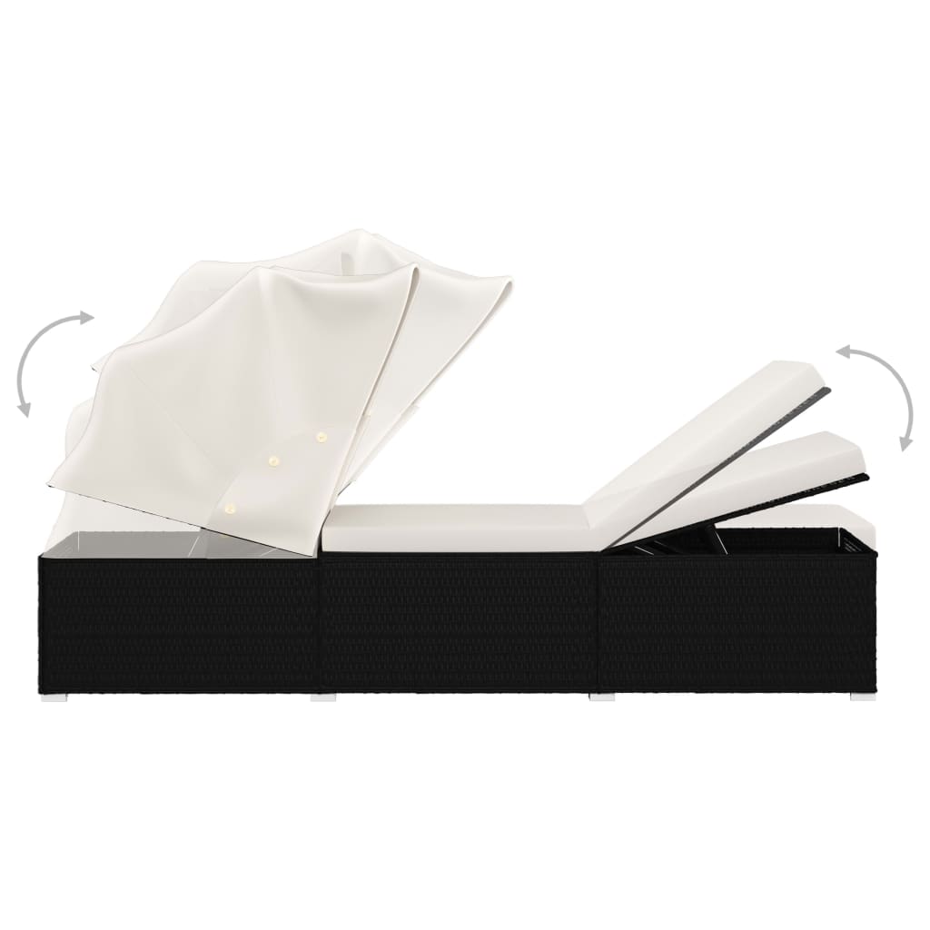 Sun lounger with canopy and cushion in cream white PE wicker