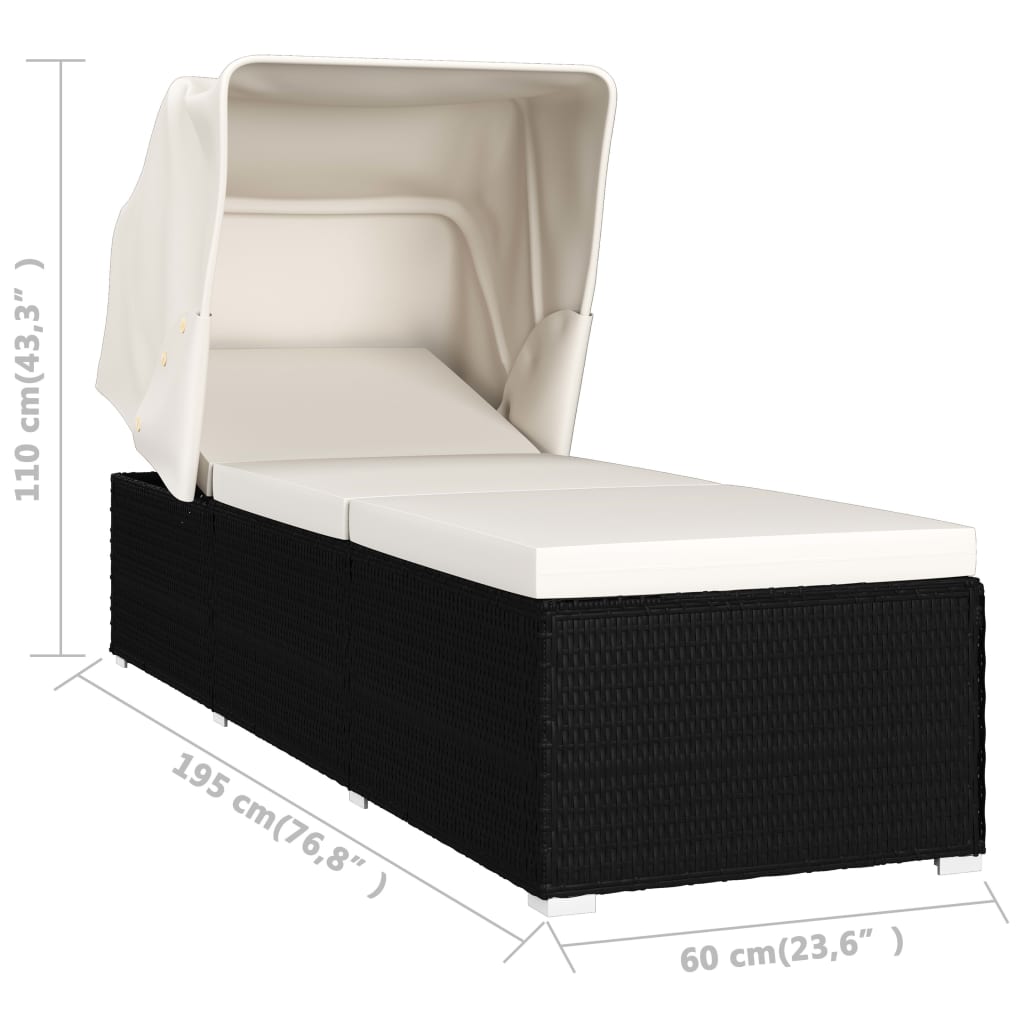 Sun lounger with canopy and cushion in cream white PE wicker