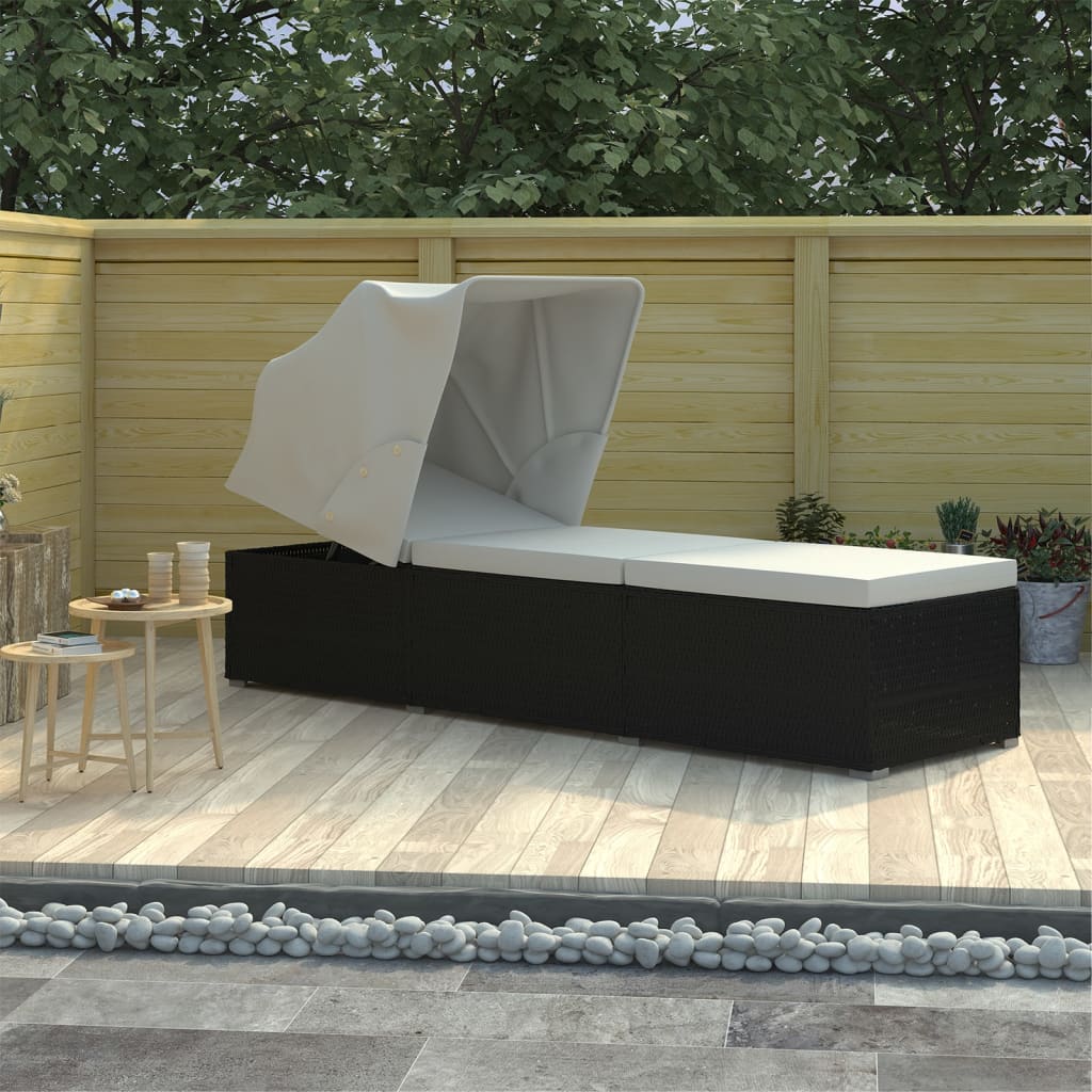 Sun lounger with canopy and cushion in cream white PE wicker