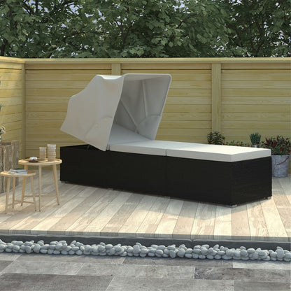 Sun lounger with canopy and cushion in cream white PE wicker