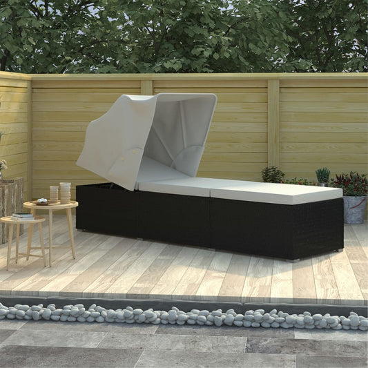 Sun lounger with canopy and cushion in cream white PE wicker