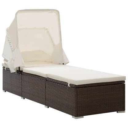 Sun lounger with canopy and cushion in brown PE wicker