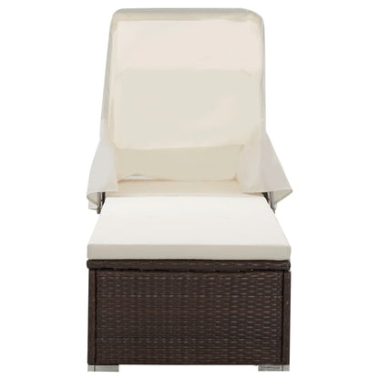 Sun lounger with canopy and cushion in brown PE wicker