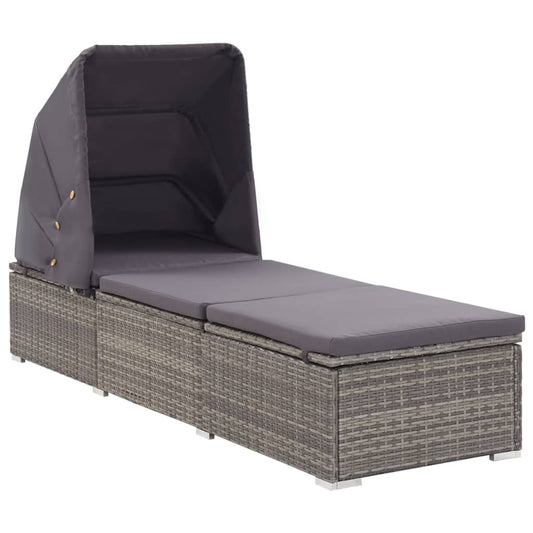 Sun lounger with canopy and cushion in grey PE wicker