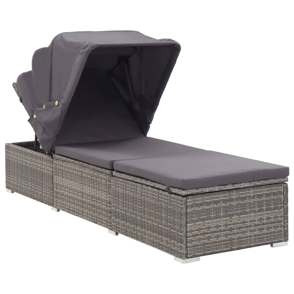 Sun lounger with canopy and cushion in grey PE wicker