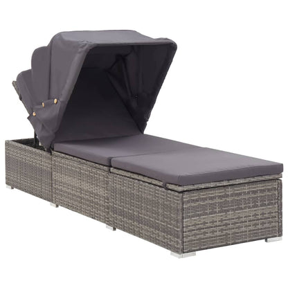 Sun lounger with canopy and cushion in grey PE wicker