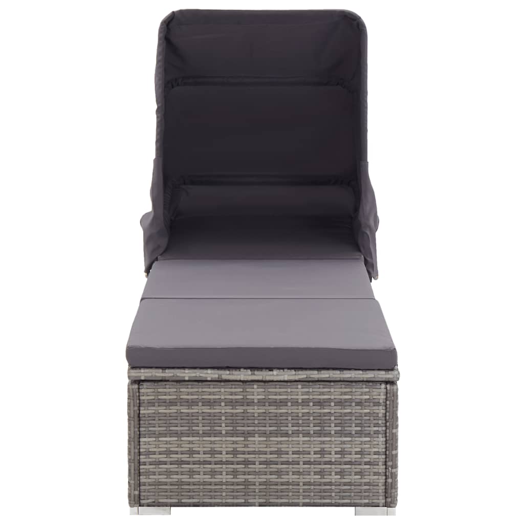 Sun lounger with canopy and cushion in grey PE wicker