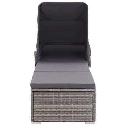 Sun lounger with canopy and cushion in grey PE wicker