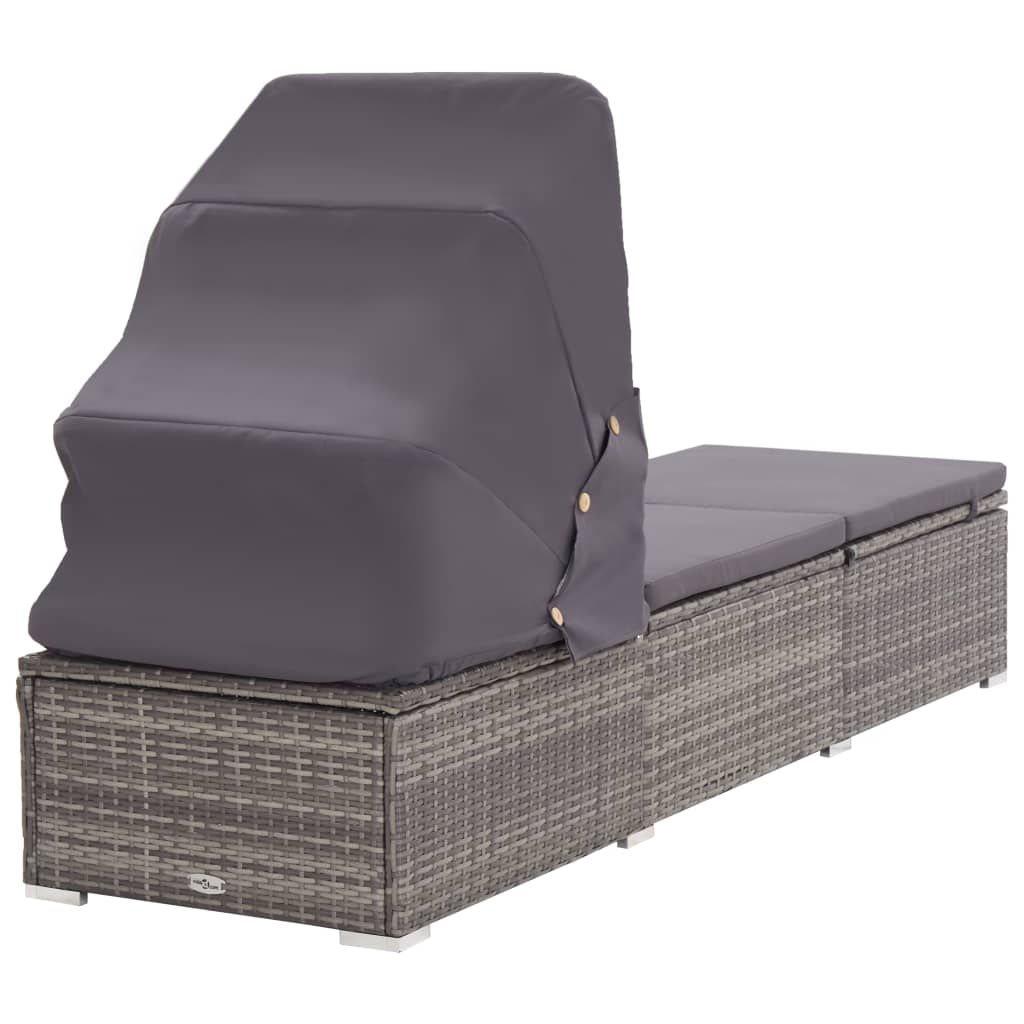 Sun lounger with canopy and cushion in grey PE wicker