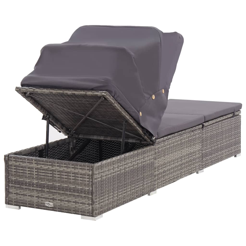 Sun lounger with canopy and cushion in grey PE wicker
