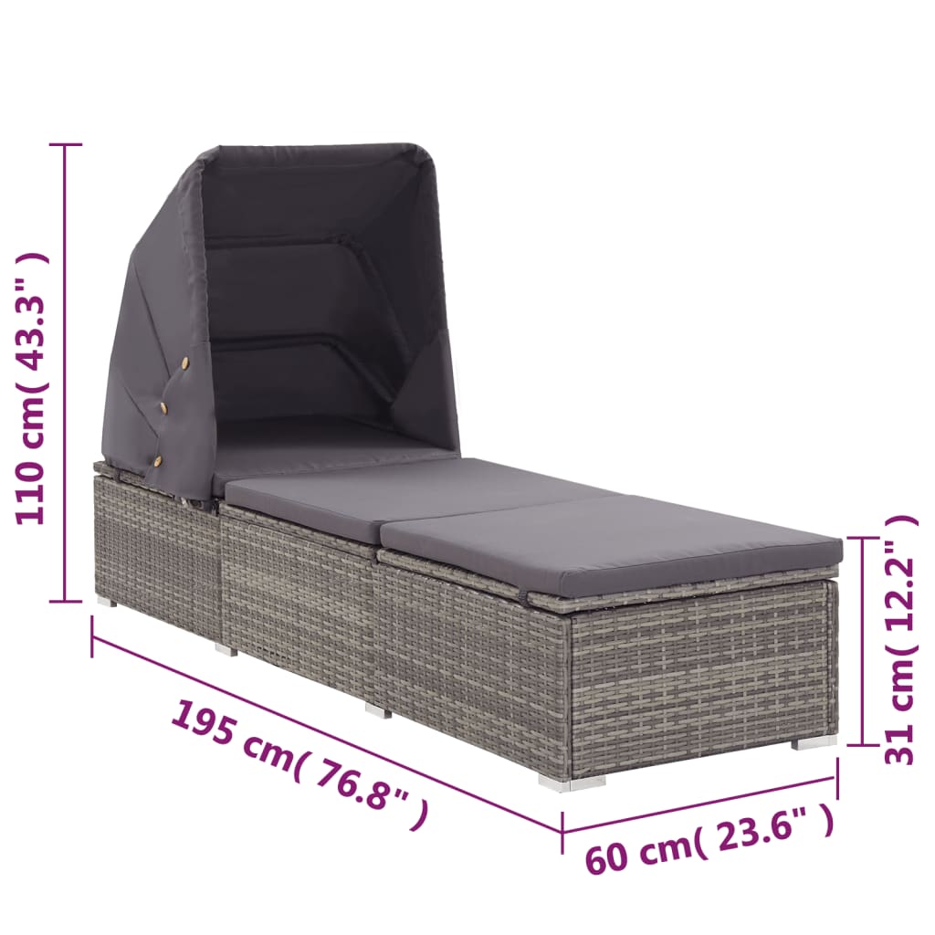 Sun lounger with canopy and cushion in grey PE wicker