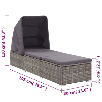 Sun lounger with canopy and cushion in grey PE wicker