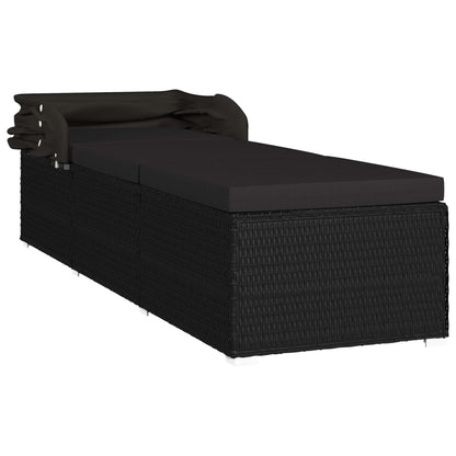 Sun lounger with canopy and cushion in black PE wicker