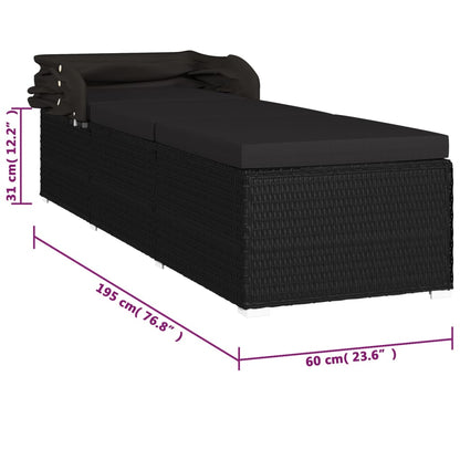 Sun lounger with canopy and cushion in black PE wicker