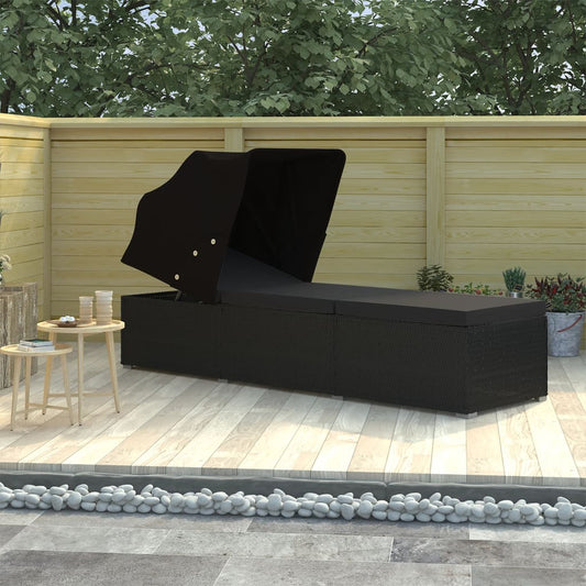 Sun lounger with canopy and cushion in black PE wicker