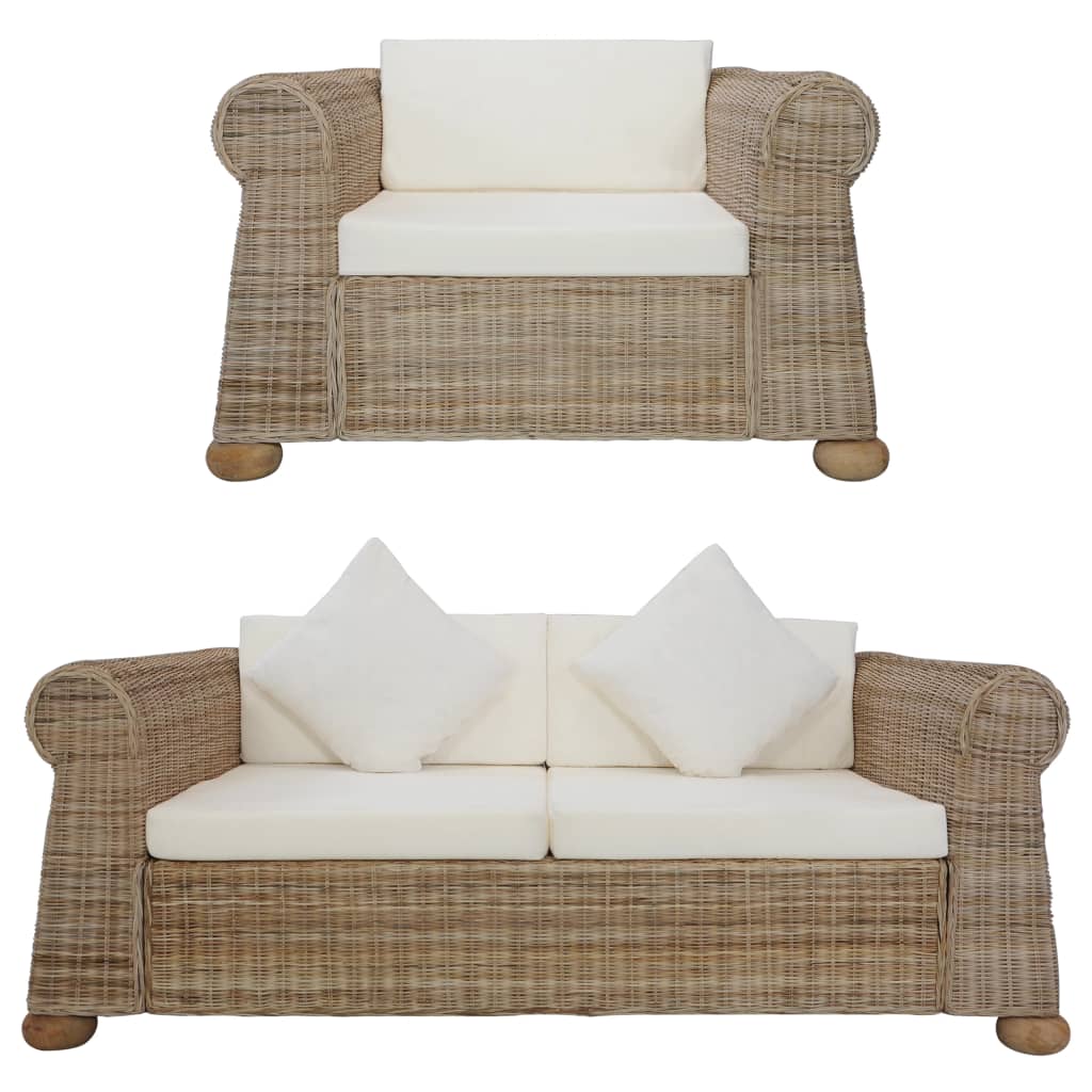2 pcs conjunto de sofás com almofadões vime natural