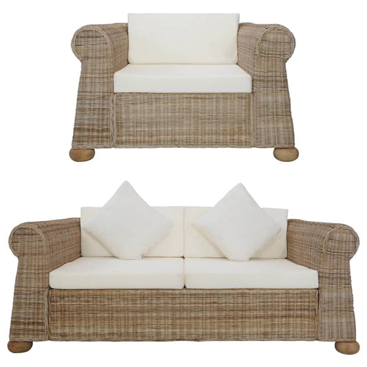 2 pcs conjunto de sofás com almofadões vime natural