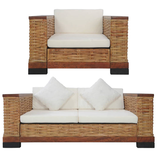 2 pcs sofa set with cushions natural wicker brown