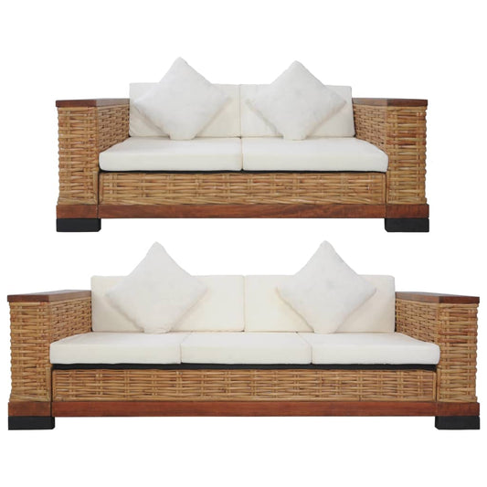 2 pcs conjunto de sofás com almofadões vime natural castanho