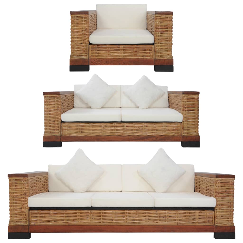 3 pcs conjunto de sofás com almofadões vime natural castanho