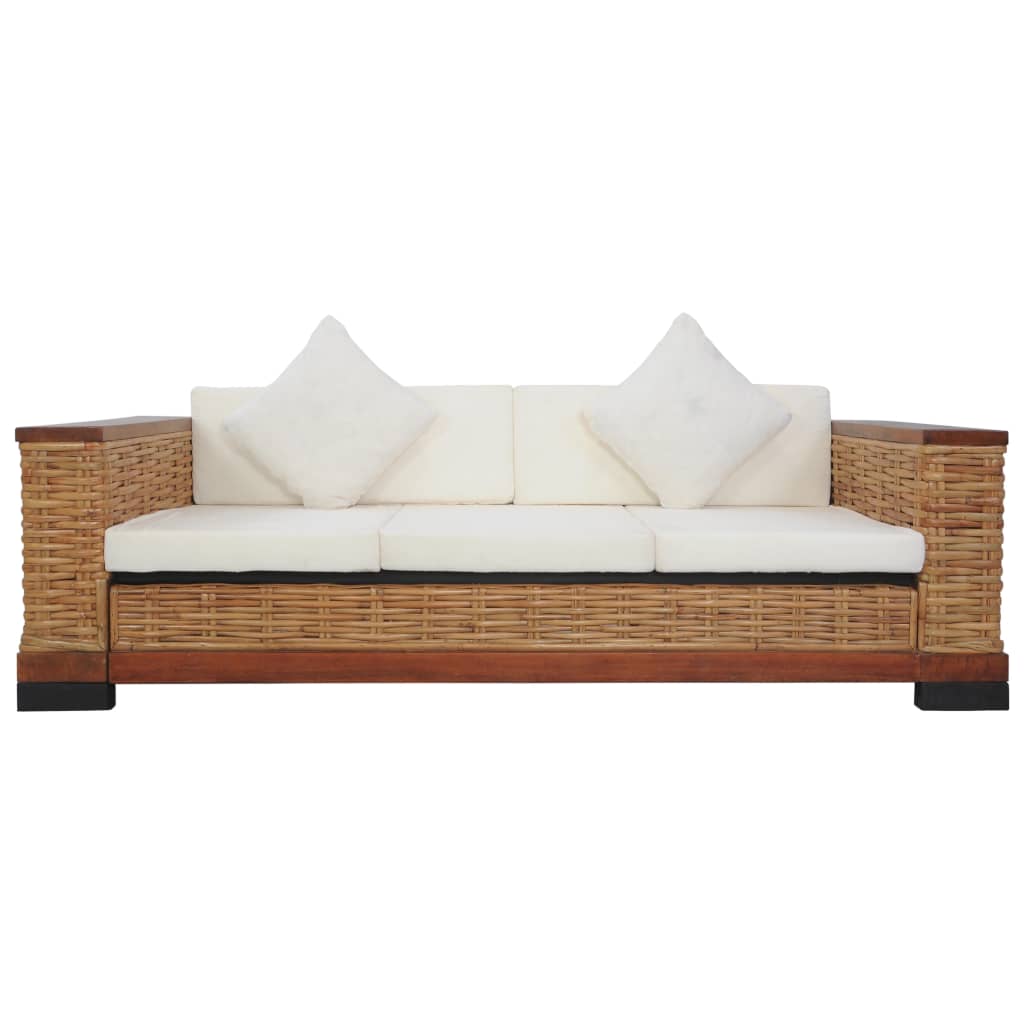 3 pcs conjunto de sofás com almofadões vime natural castanho