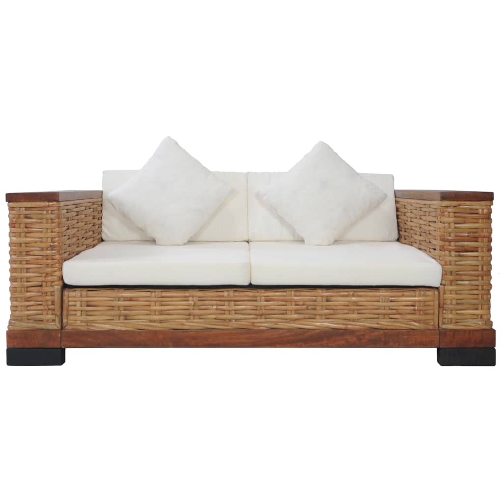 3 pcs conjunto de sofás com almofadões vime natural castanho