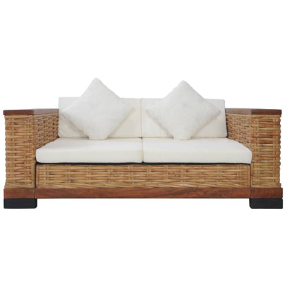 3 pcs conjunto de sofás com almofadões vime natural castanho