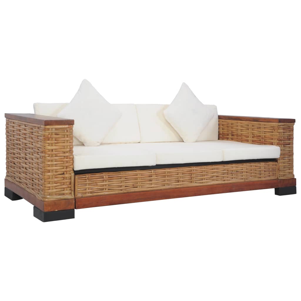 3 pcs conjunto de sofás com almofadões vime natural castanho