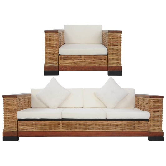 2 pcs sofa set with cushions natural wicker brown