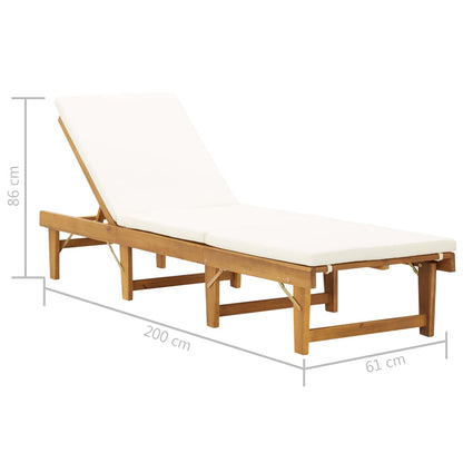 Folding sun lounger with cushion in solid acacia wood