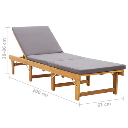 Folding sun lounger with cushion in solid acacia wood