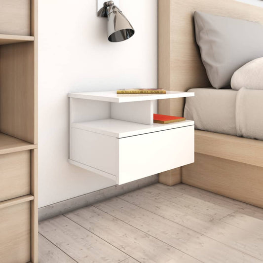 Suspended bedside table in glossy white wood derivatives