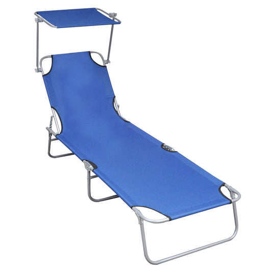 Folding sun lounger with blue aluminum canopy