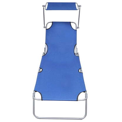 Folding sun lounger with blue aluminum canopy