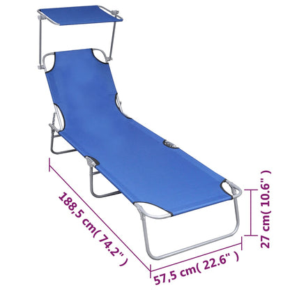 Folding sun lounger with blue aluminum canopy