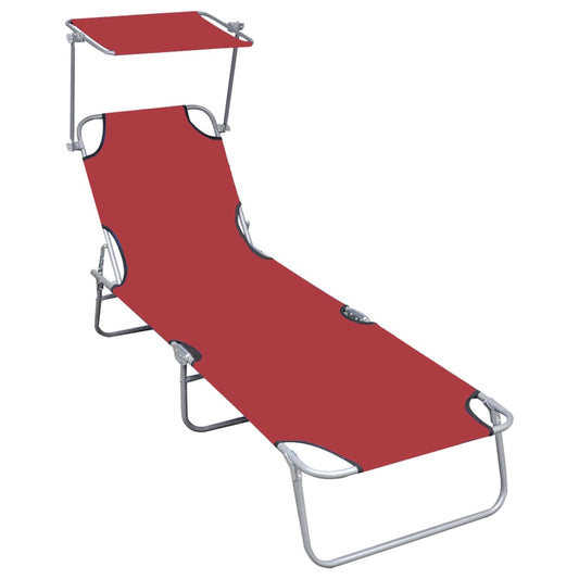 Folding sun lounger with red aluminum canopy