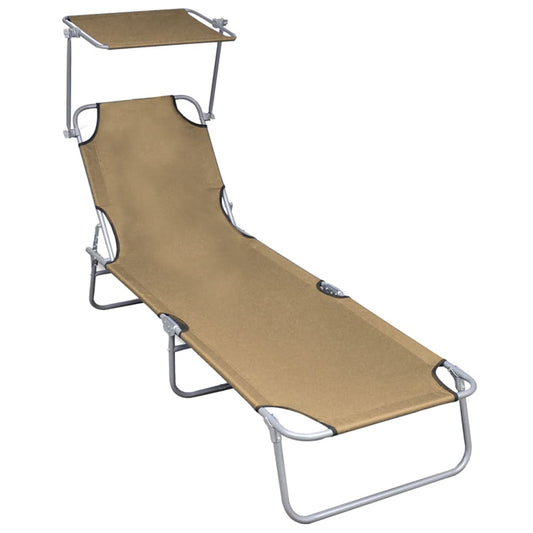 Folding sun lounger with awning in grey-brown aluminium