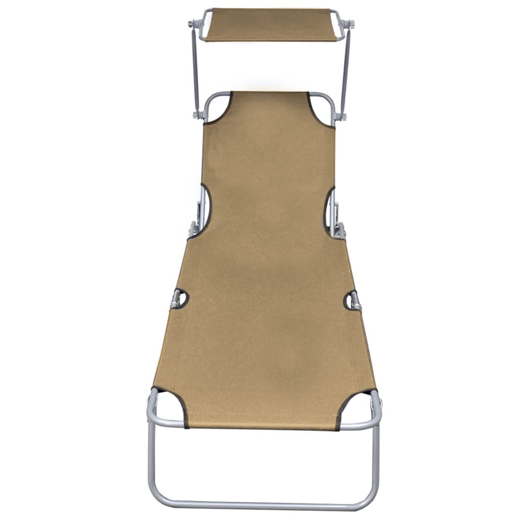 Folding sun lounger with awning in grey-brown aluminium