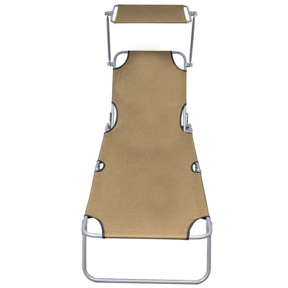 Folding sun lounger with awning in grey-brown aluminium
