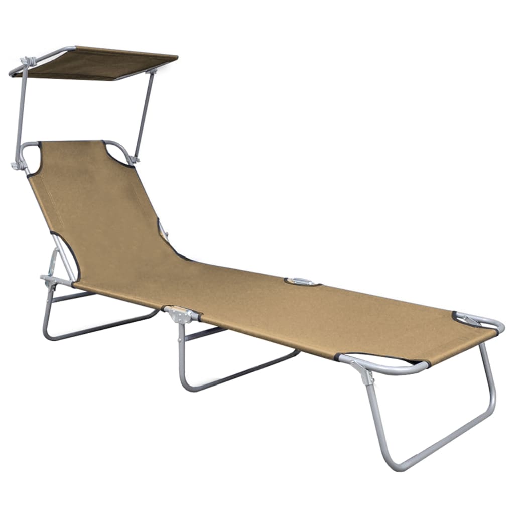Folding sun lounger with awning in grey-brown aluminium