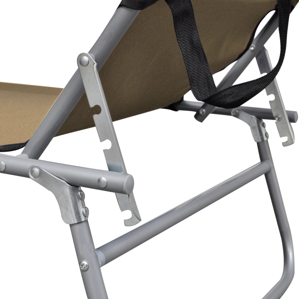 Folding sun lounger with awning in grey-brown aluminium