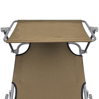 Folding sun lounger with awning in grey-brown aluminium
