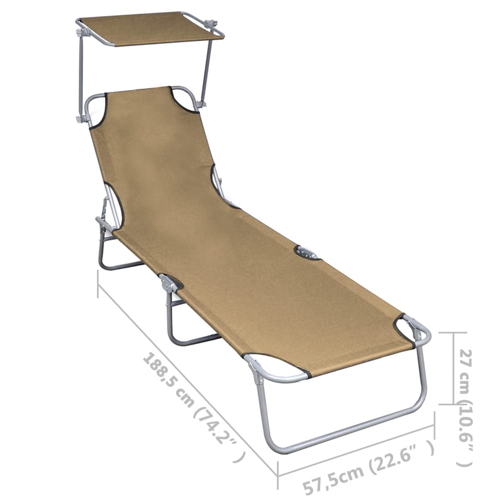 Folding sun lounger with awning in grey-brown aluminium