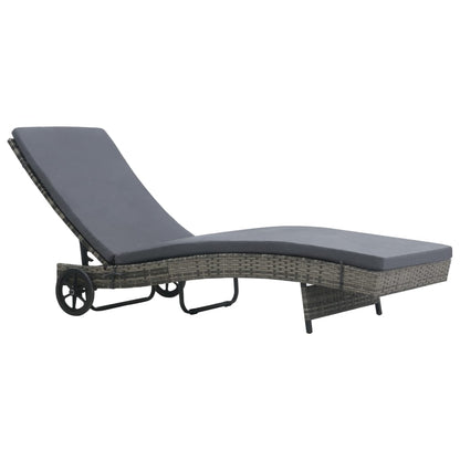 Sun lounger with cushion and wheels in anthracite PE wicker