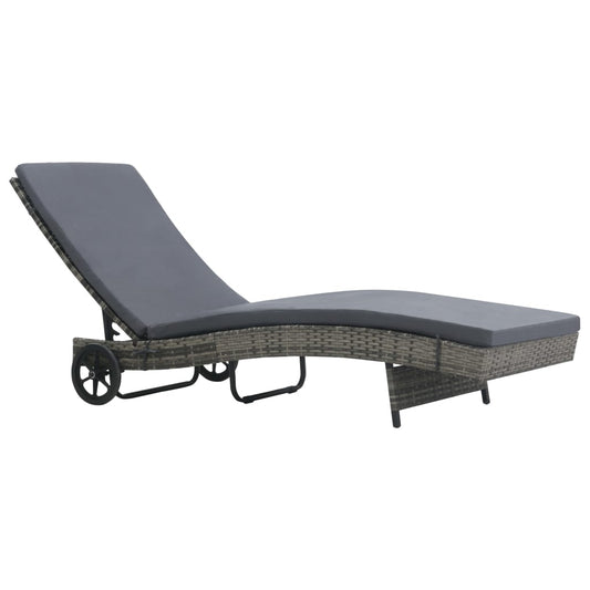 Sun lounger with cushion and wheels in anthracite PE wicker