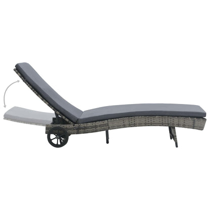 Sun lounger with cushion and wheels in anthracite PE wicker