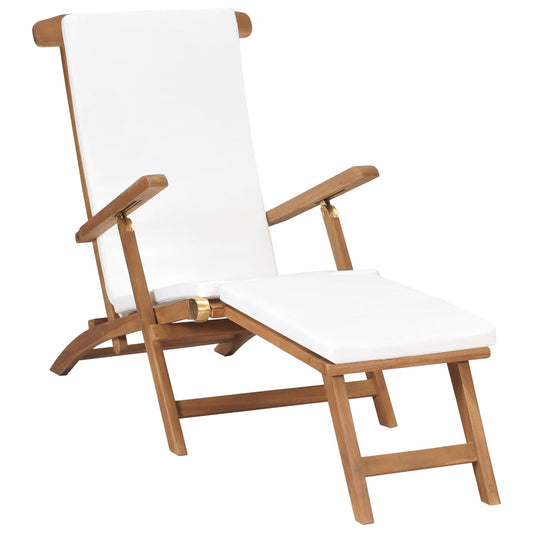 Sun lounger with cushion in solid teak wood, cream white