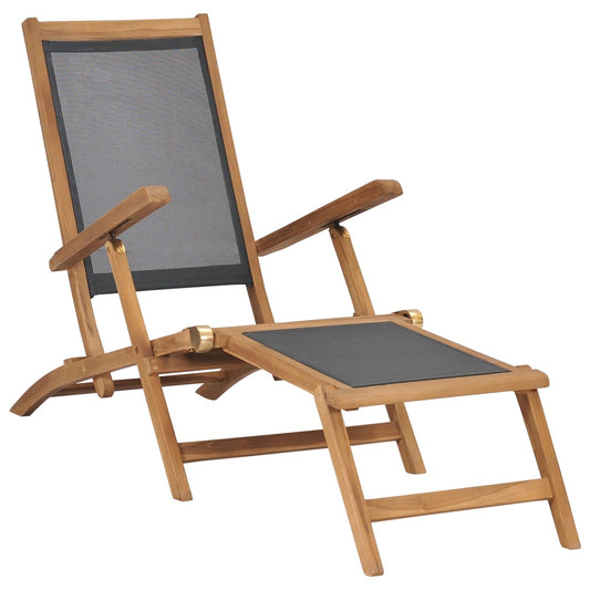 Sun lounger with footrest in solid teak wood, black