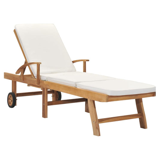 Sun lounger with cushion in solid teak wood, cream color